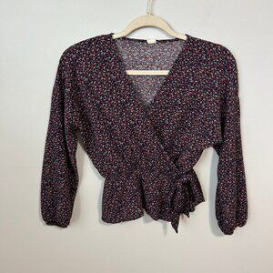 Anthropologie Lazy Sundays Navy Blue Red Faux Wrap Blouse Tie Front Size Small